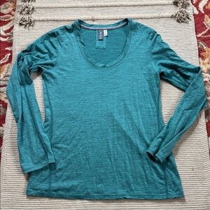 Ibex Zque T Shirt long sleeve scoop neck turquoise teal merino wool women S